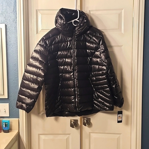 NWT Guess Shiny Black Puffer Jacket w Hoodie Pockets Full Zip 3X - Picture 5 of 15